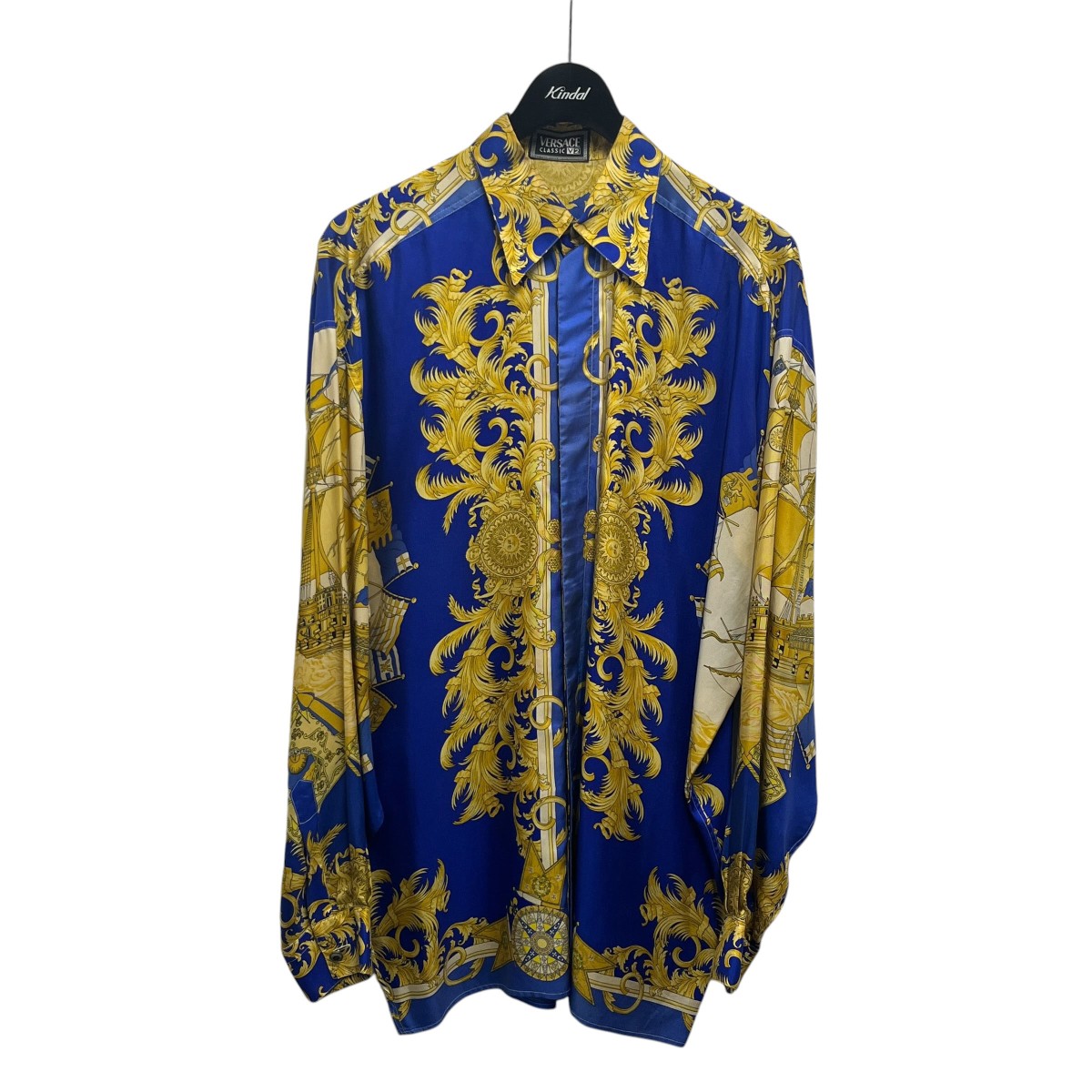 【中古】 VERSACE CLASSIC V2 バロック柄 帆船シルクシャツ ネイビー×イエロー サイズ:M 【050426】(ヴェルサーチ クラシックV2)