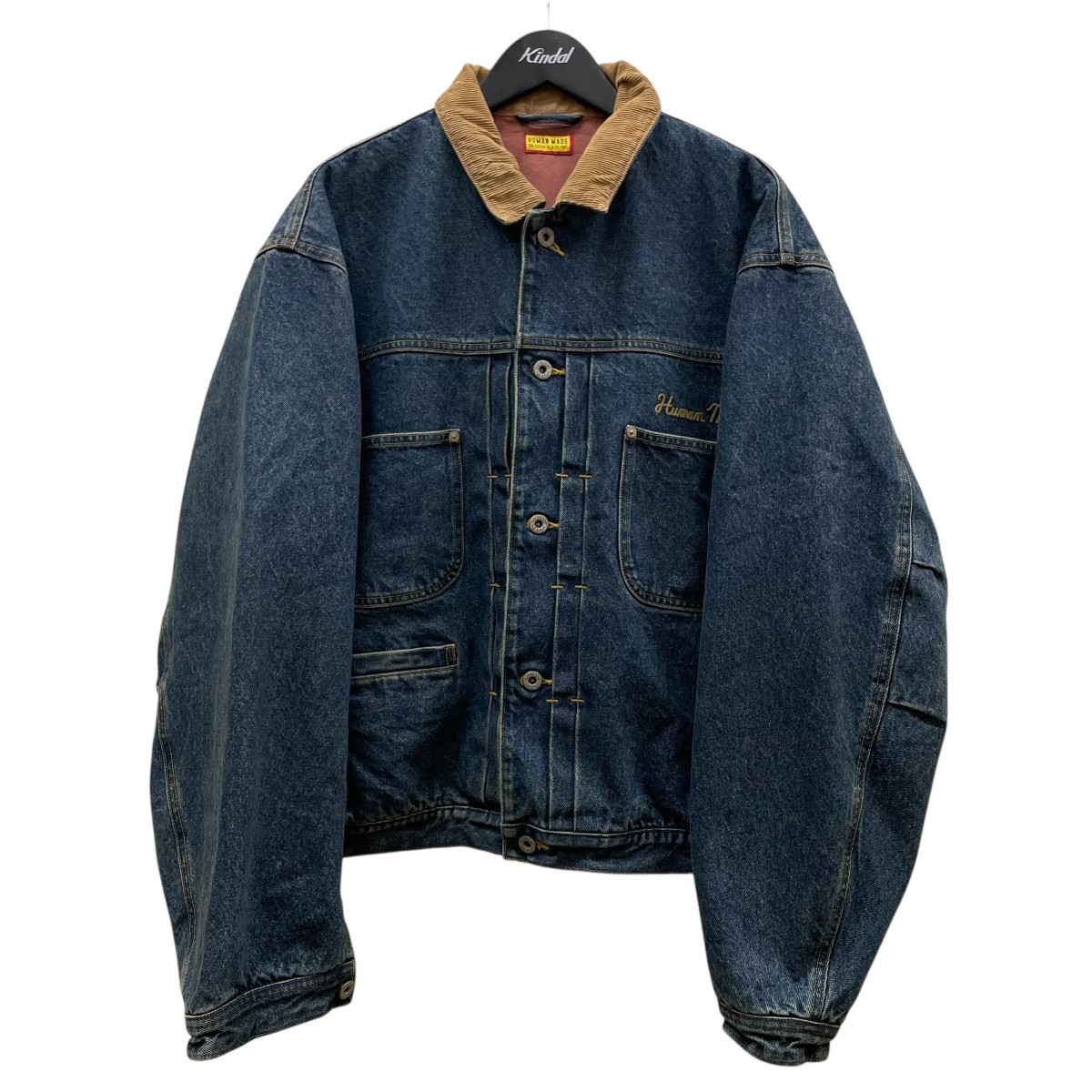 【中古】\u003cBR\u003eHUMAN MADE\u003cBR\u003eDENIM JACKET ジーンズ上衣 チェーン店編み目 ロゴタイプ刺しゅう付き添い人 うしろ側刷り上げる コール天襟  HM31JK018 インディゴ 大きさ：XL\u003cBR\u003e【必要経費思いかえす】