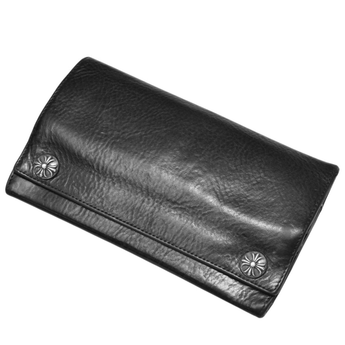 【中古】CHROME HEARTS　GREASY　クロスボタンブラックレザーロングウォレット　グリーシー　長財布 ブラック 【080426】（クロムハーツ）｜ブランド古着のカインドオル