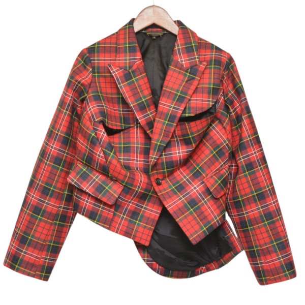 【中古】 COMME des GARCONS　 2025AW　ウールタータンチェックショートジャケット　変形ジャケット　GP-J004 レッド サイズ：S 【090426】（コムデギャルソン）