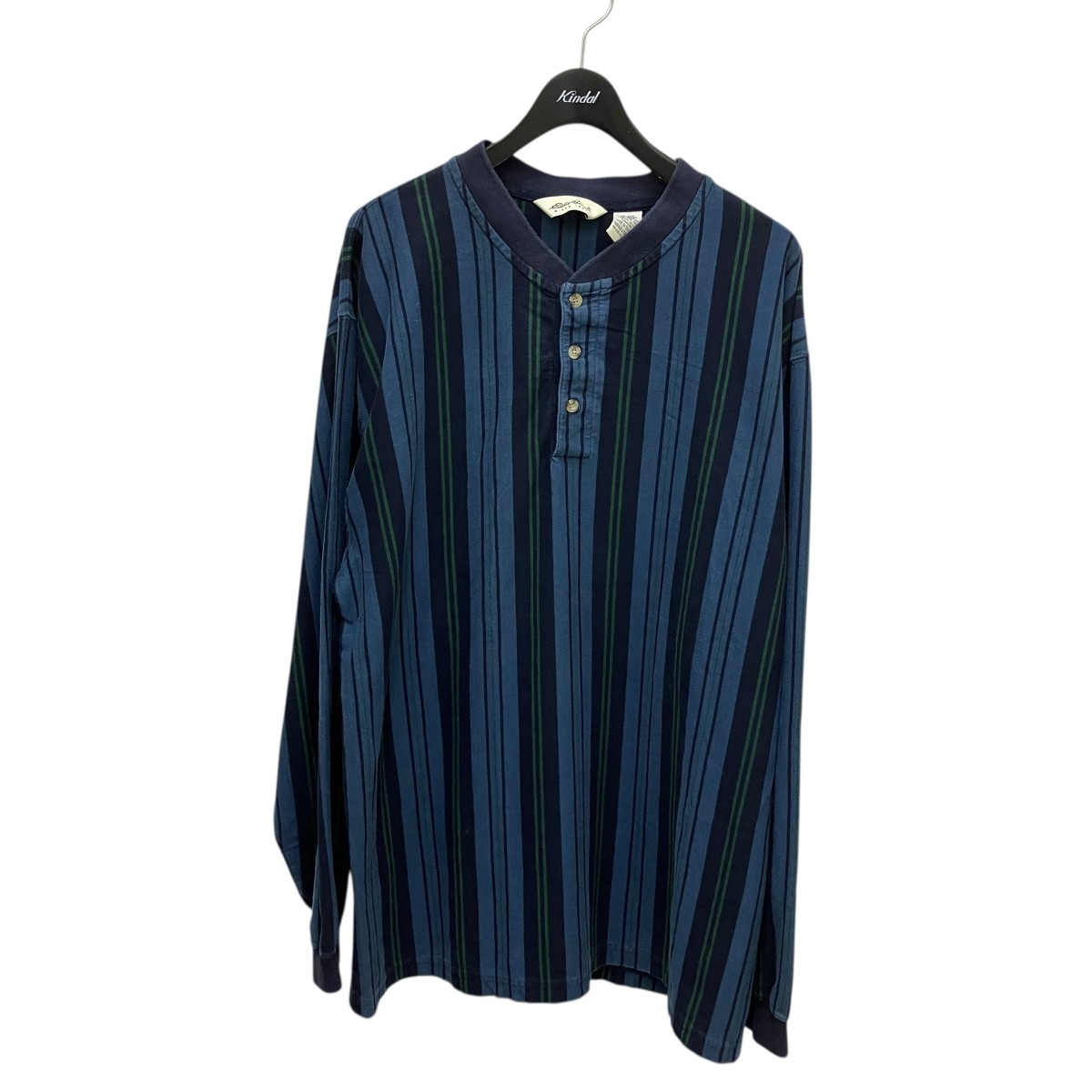 【中古】 Eddie Bauer　 ストライプ ヘンリーネックカットソー ネイビー×グリーン サイズ：XL 【100426】（エディーバウアー）