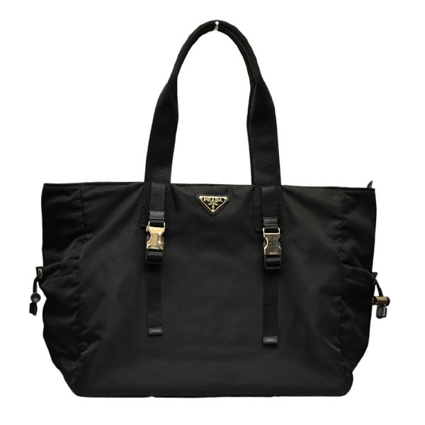 【中古】PRADA TESSUTO MONTAGN TOTE ３角形ロゴプレートトートバッグ 2VG042 973 F0002 黒いこと 【100426】（プラダ）