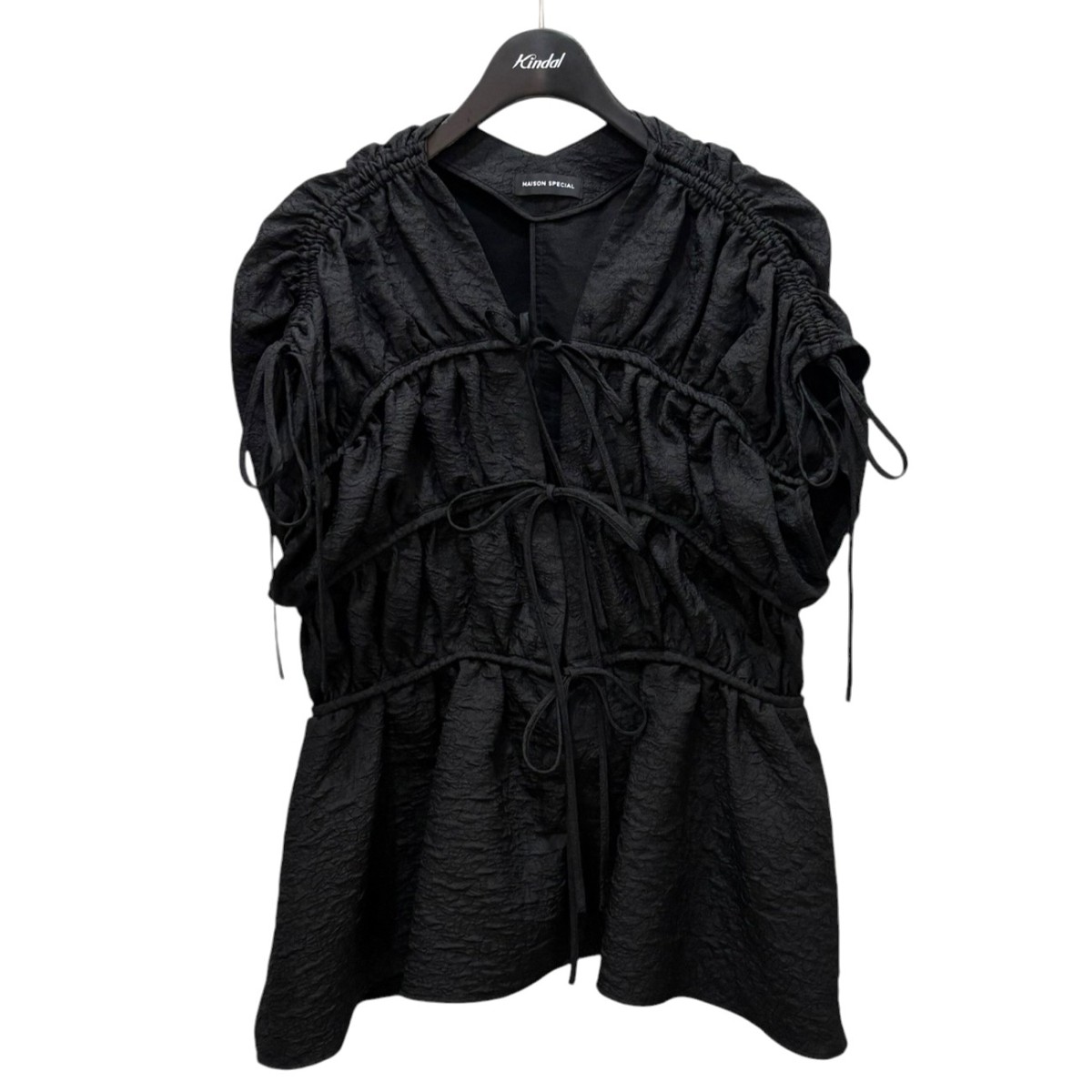 【中古】MAISON SPECIAL Shirring Ribbon Blouse シャーリングリボンブラウス 21241315105 黒いこと 【100426】（メゾンスペシャル）