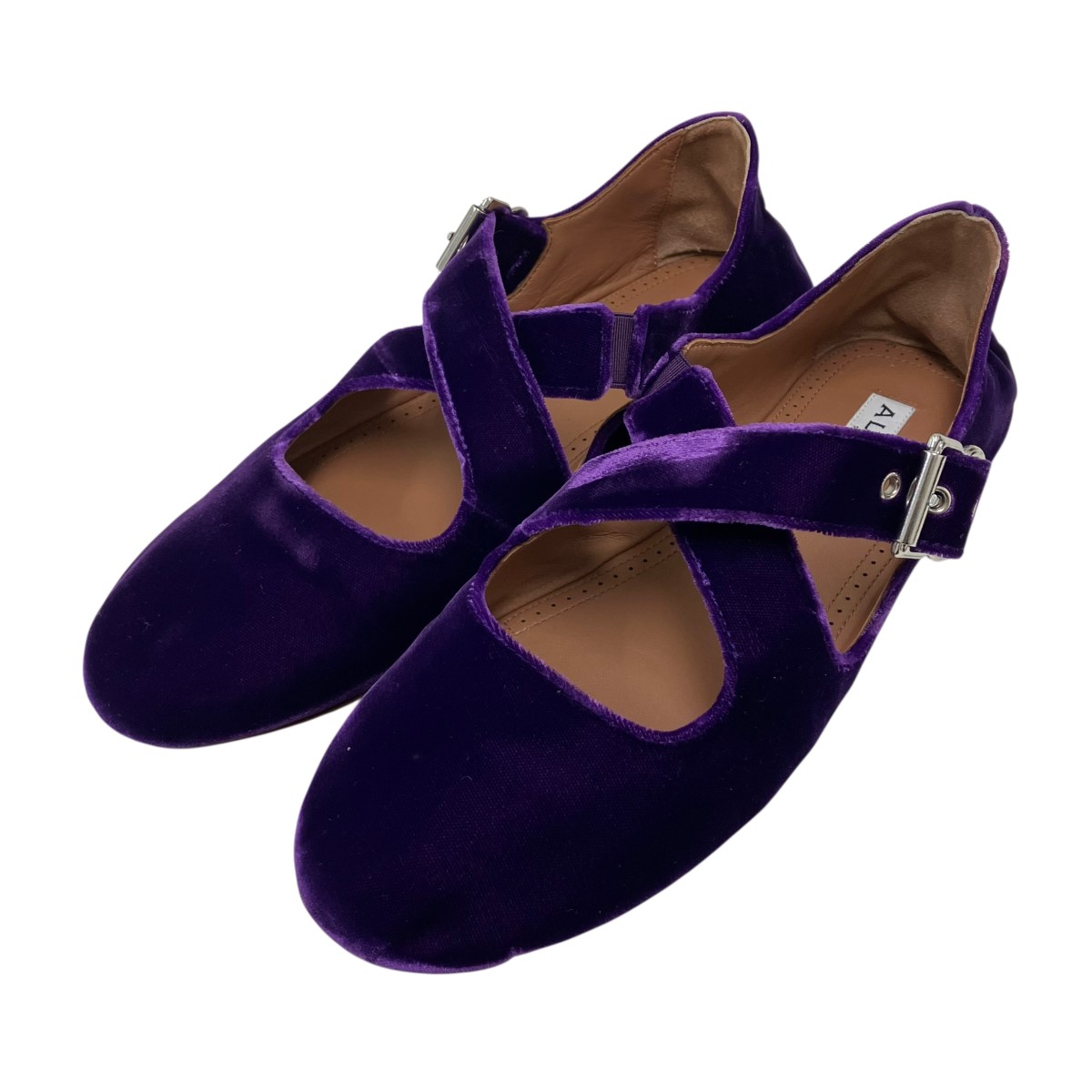 【中古】ALAIA 天鵝絨 クリス 差し交わす フラットバレーシューズ パープル 【120426】（アライア）