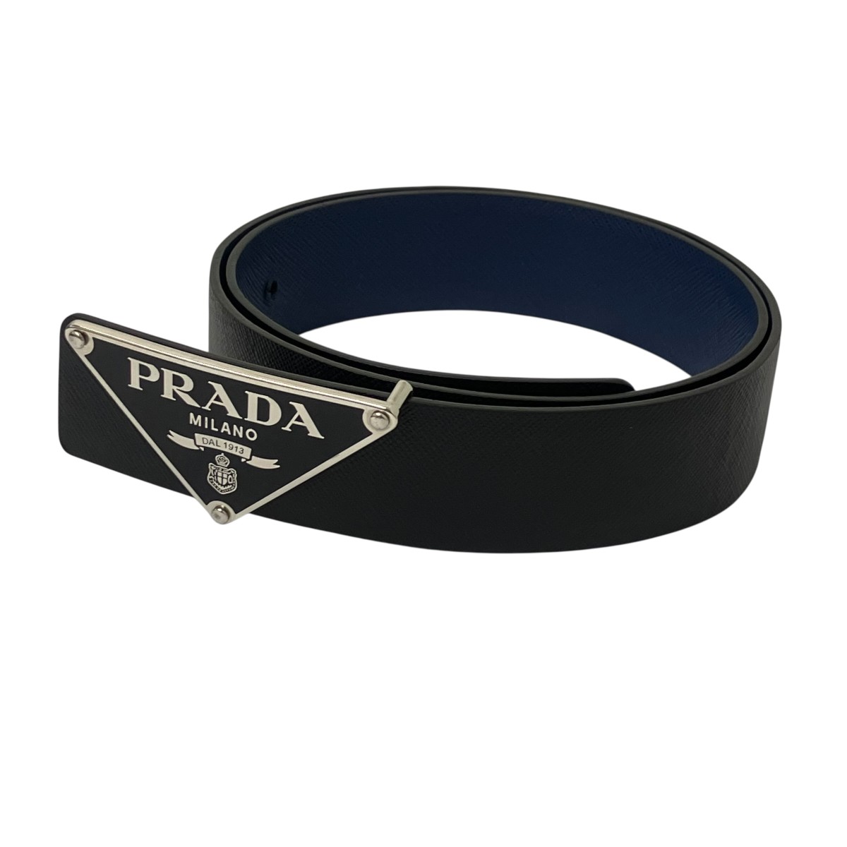 【中古】PRADA ３角形ロゴプレートバックルリバーシブルベルト しろがね色×黒いこと×米国海軍 大いさ：80/32 【120426】（プラダ） メンズベルト-ベルト・サスペンダー