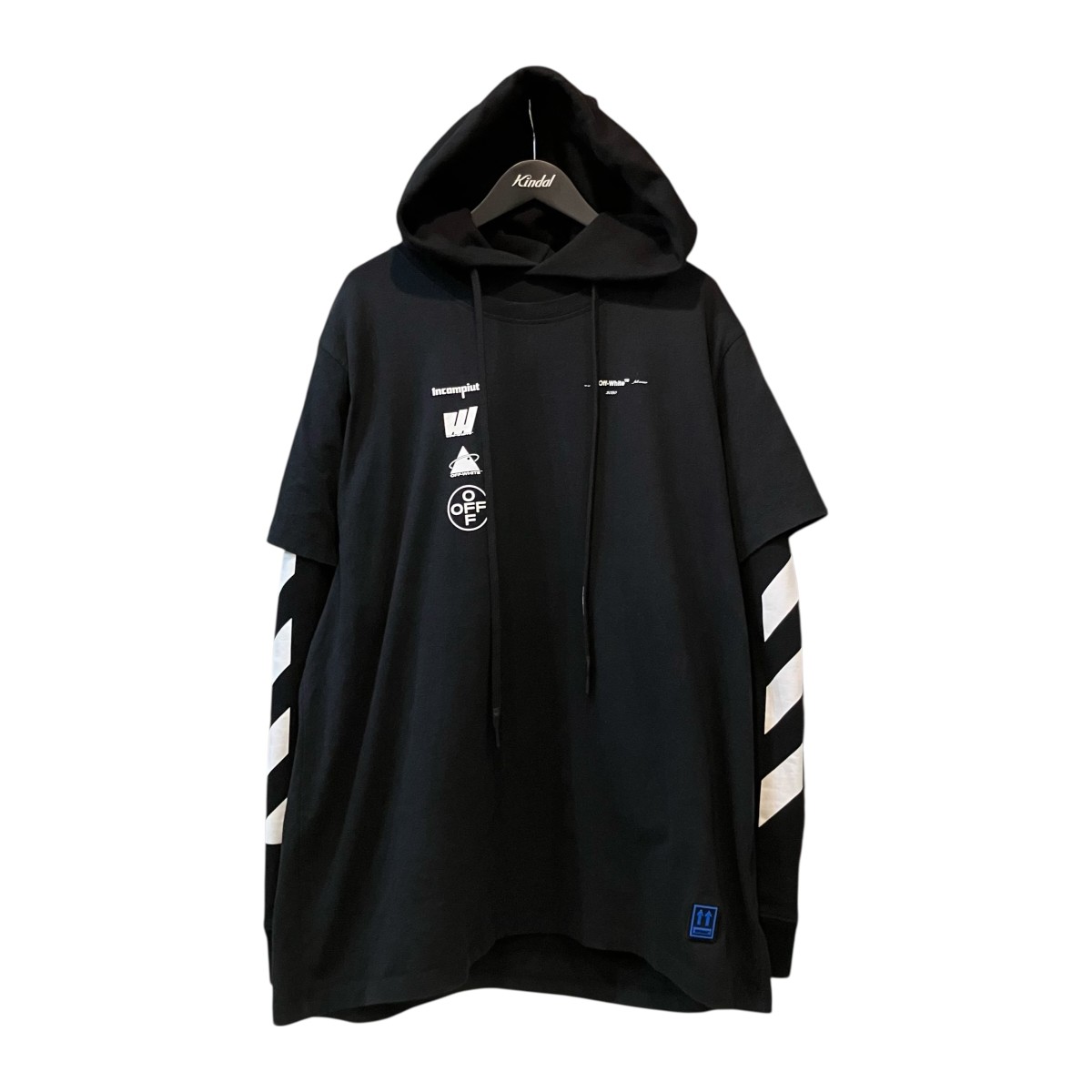 【中古】OFFWHITE「Diag Mariana Double Tee Hoodie」 ダイアグマリアナ レイヤードプリント パーカー OMAB033E19185005 ブラック×ホワイト サイズ:M【価格見直し】|ブランド古着のカインドオル