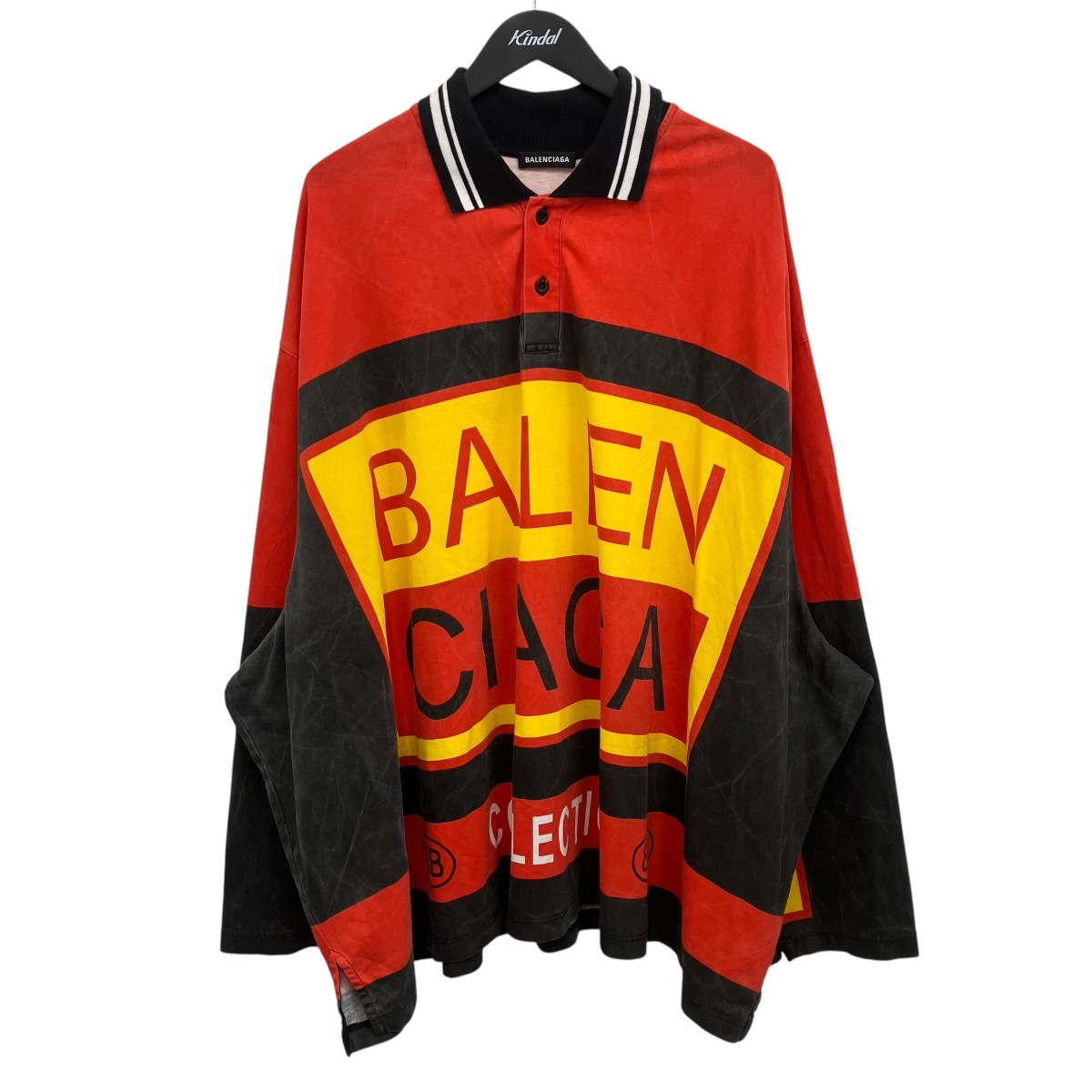 【中古】 BALENCIAGA　 ビッグロゴゲームポロカットソー レッド×イエロー×グレー サイズ：L 【150426】（バレンシアガ）