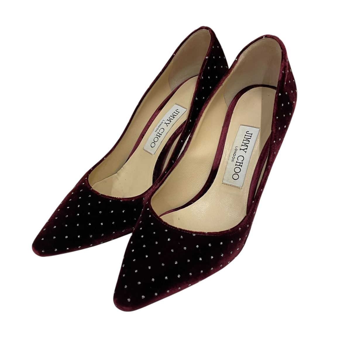 【中古】 JIMMY CHOO　 ベロア ストーン パンプス ハイヒール ワインレッド サイズ：36 1/2 【160426】（ジミーチュウ）