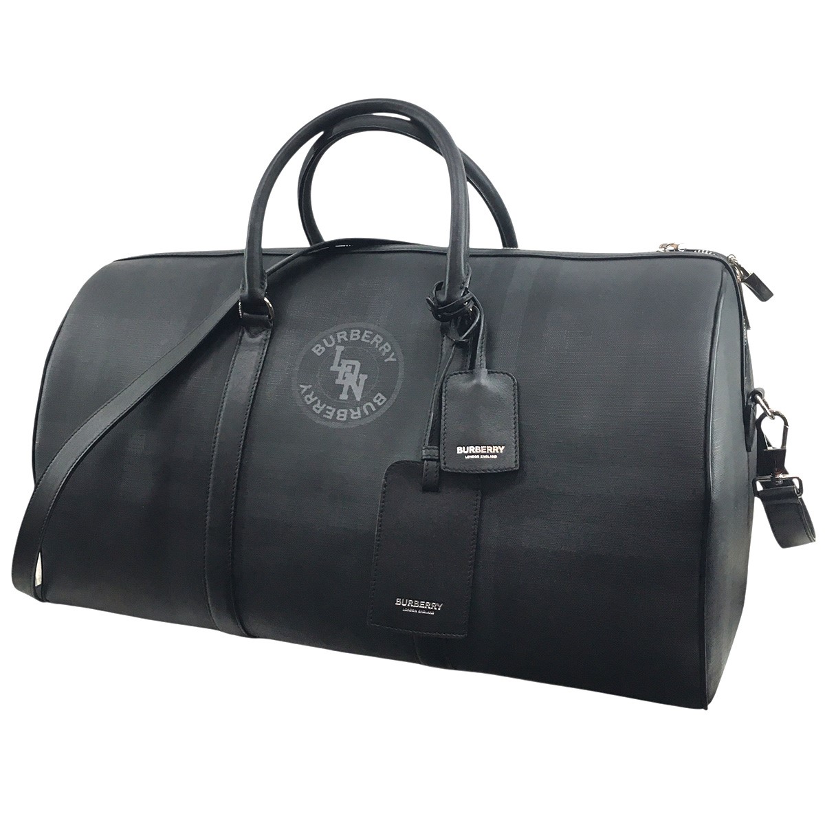 【中古】 BURBERRY　 19AW リカルド期 キャンバス×スムースレザー ホールドオール チェック サークルロゴ グラフィック ハンド ショルダー ボストンバッグ 鞄 ブラックグレー調 【170426】（バーバリー）