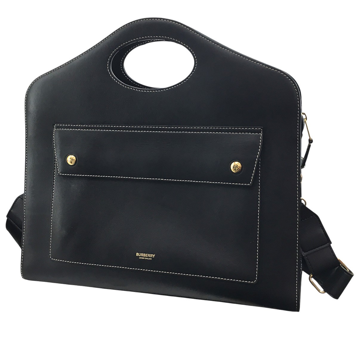 【中古】BURBERRY リカルド期 Medium Topstitched Leather Pocket Bag 並み並み いの一番編み目 なめし革 隠し御徒面子 ロゴタイプ 御手手 肩先 鞄 黒いこと 【170426】（赤ちょうちんバリー）