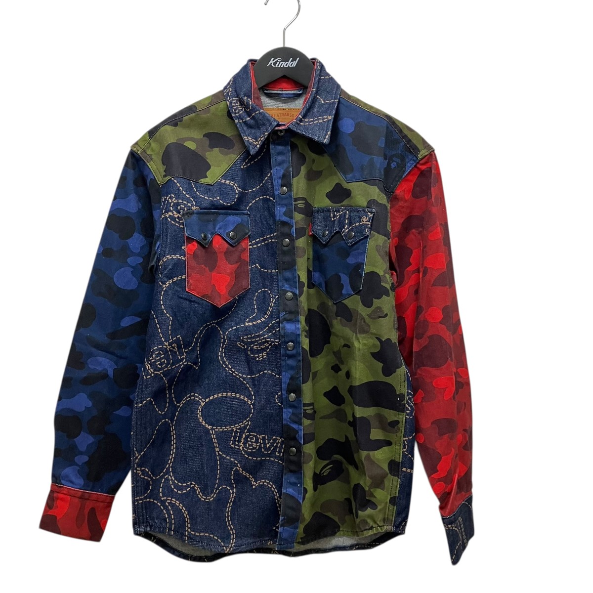 【中古】 LEVI’S×A BATHING APE　 パッチワークウエスタンシャツ PC9-15921-0001 インディゴ×カーキ×レッド サイズ：S 【180426】（リーバイス×アベイシングエイプ）