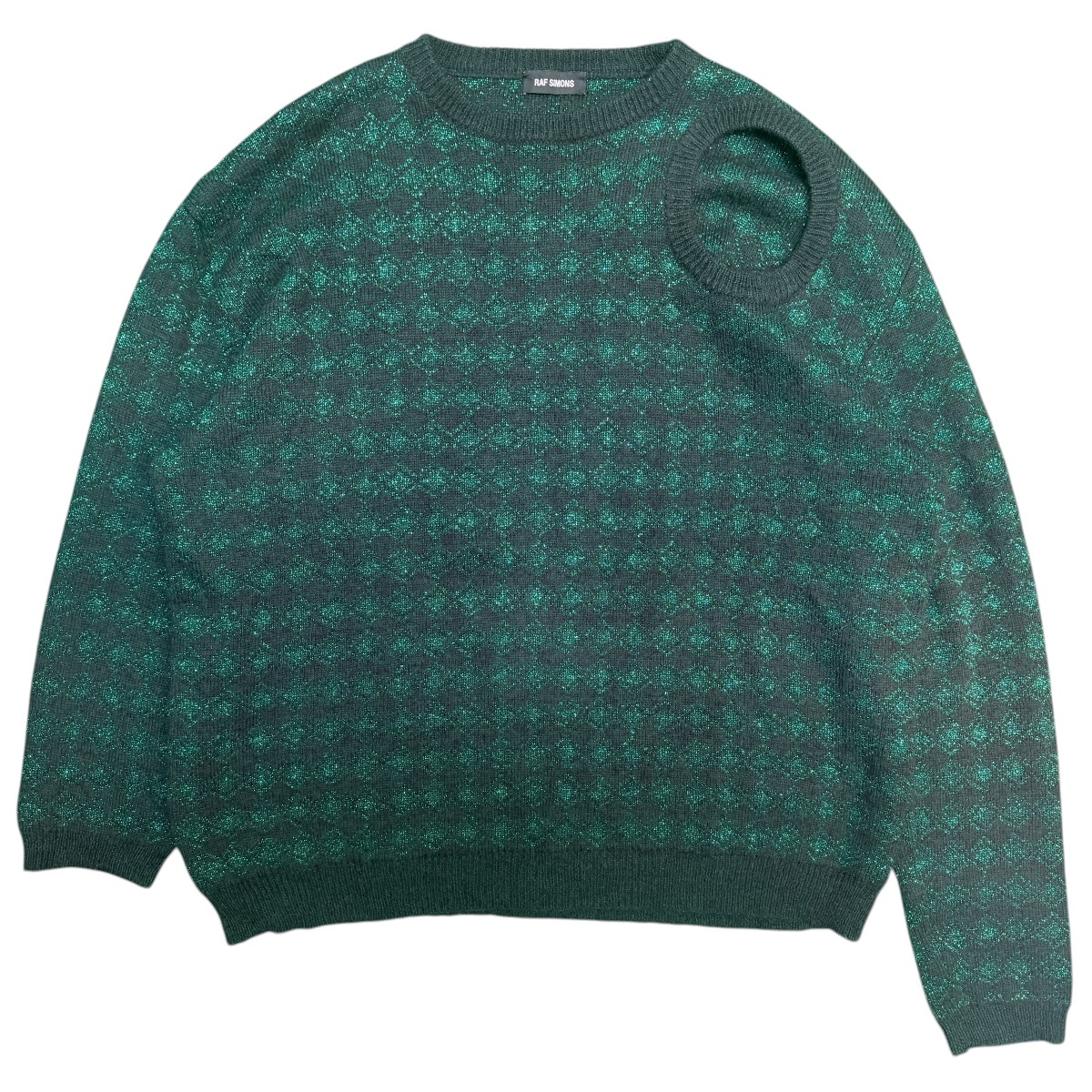 【中古】RAF SIMONS 19SS／ CUTOUT HOLE SWEATER ／アシメントリースリーブニット グリーン×ブラック サイズ：L 【180426】（ラフシモンズ）