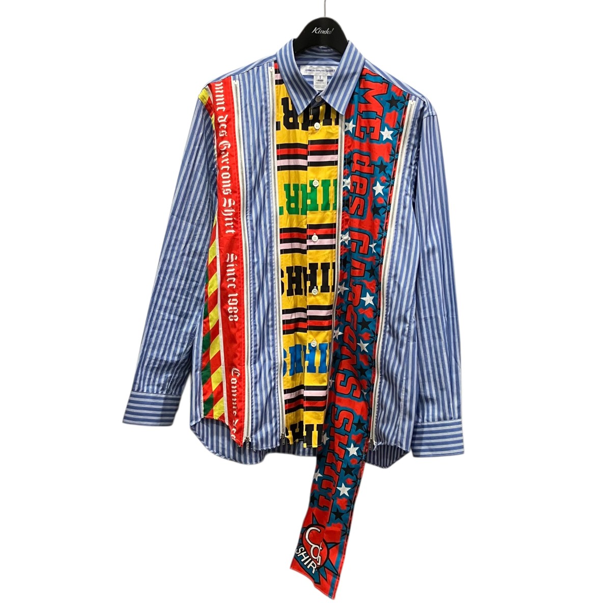【中古】COMME des GARCONS SHIRT yarn dyed cotton stripe x cotton poplin print 4連ジップシャツ FP-B012 青色×赤いこと 大きさ：S 【190426】（コムデギャルソンシャツ）