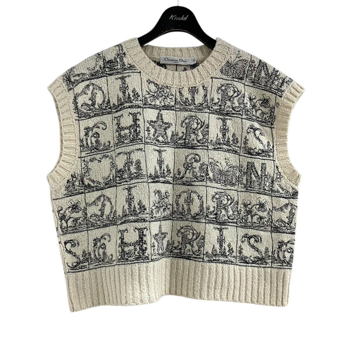 【中古】Christian Dior Dior Alphabet 羊毛 ＆ 絹地 編み物 より良い ティーシャツより良い 象牙色×黒いこと 大いさ：F34 【210426】（ディオール）