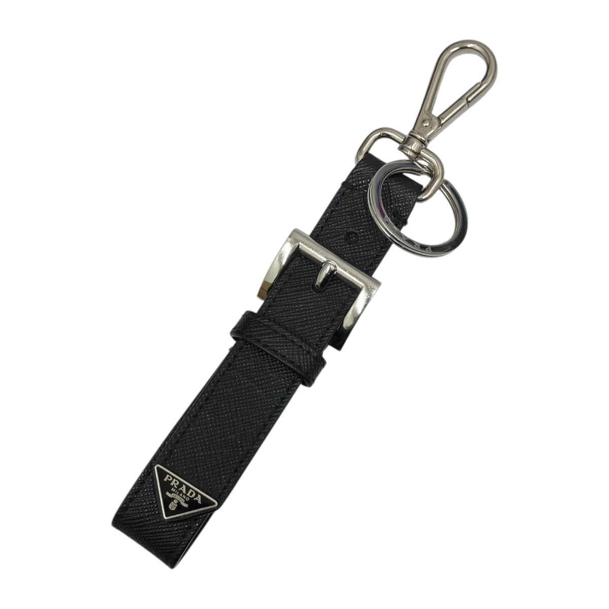 【中古】PRADA サフィアーノレザー キーチェーン キーリング 2PP041 ブラック×シルバー 【220426】(プラダ)|ブランド古着のカインドオル