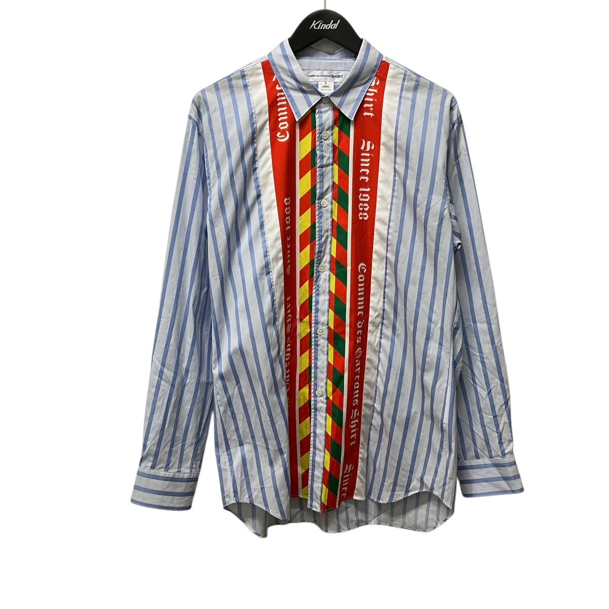 【中古】COMME des GARCONS SHIRT 25AW Gestreiftes Hemd mit Print ストライプロゴプリントシャツ FP-B008 天の原青色 大きさ：M 【230426】（コムデギャルソンシャツ）