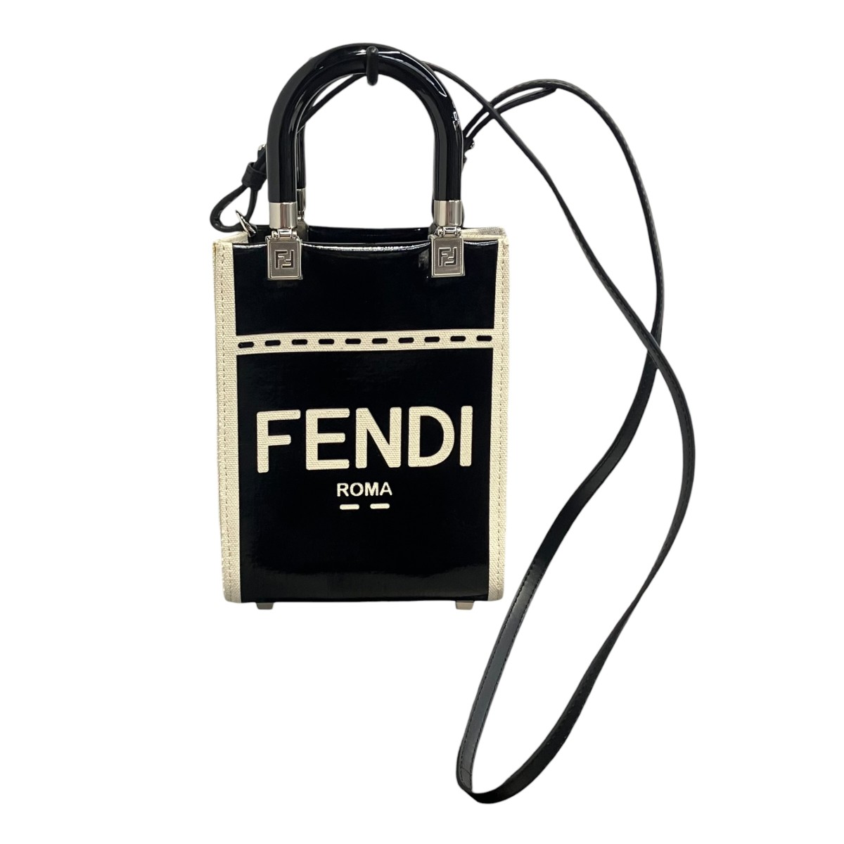 【中古】FENDI 太陽光線 ショッパー スモール ミニ御徒面子 専売特許なめし革 ショルダーバッグ 黒いこと×象牙色 【250426】（フェンディ）