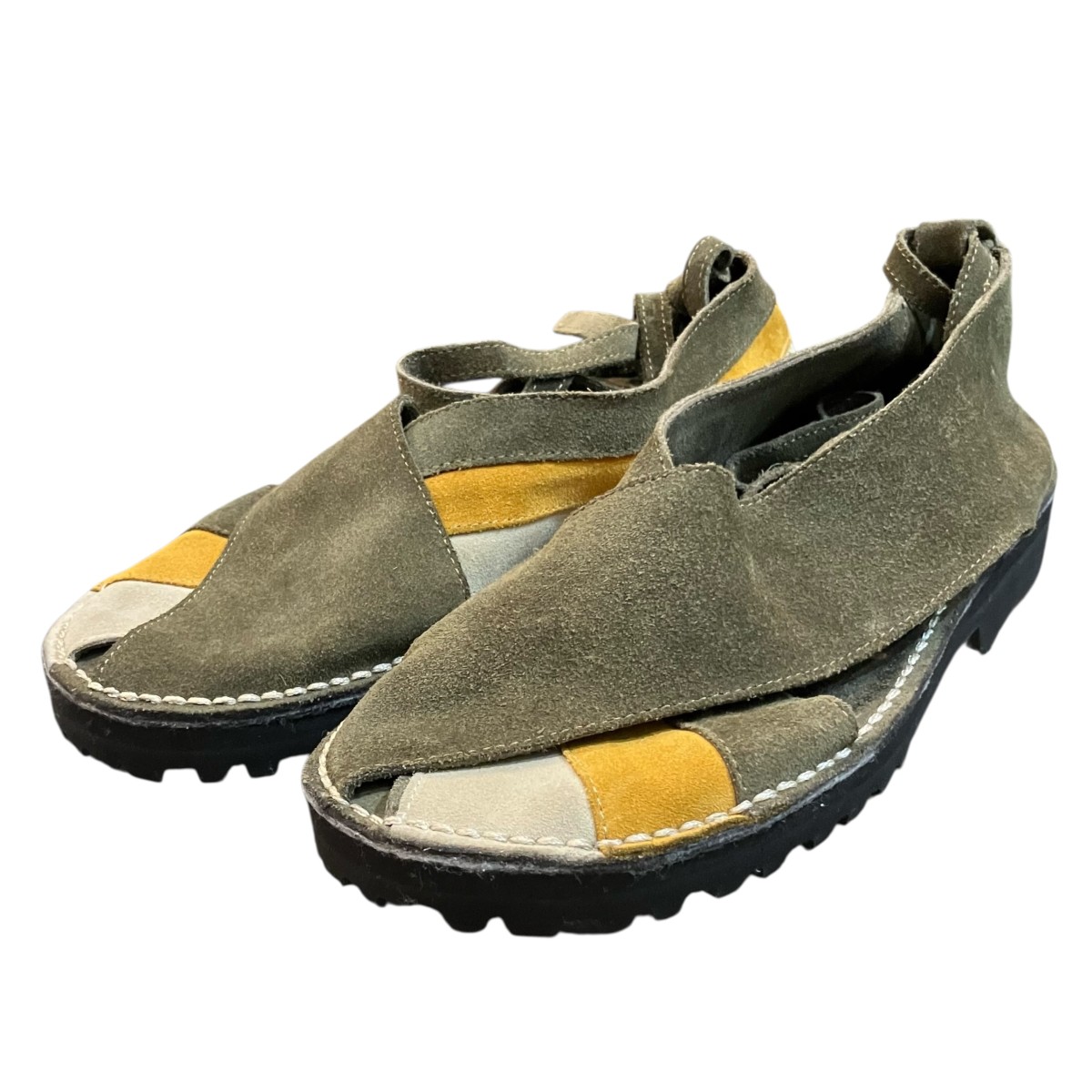 【中古】\u003cBR\u003eNICENESS×SIMONE\u003cBR\u003e「NN×ソロヴィエール なめし革サンダル」 スウェードレザーサンダル オリーブ×黄色×象牙色 大きさ：27珊?28珊度合い\u003cBR\u003e【通貨価値思いなおす】