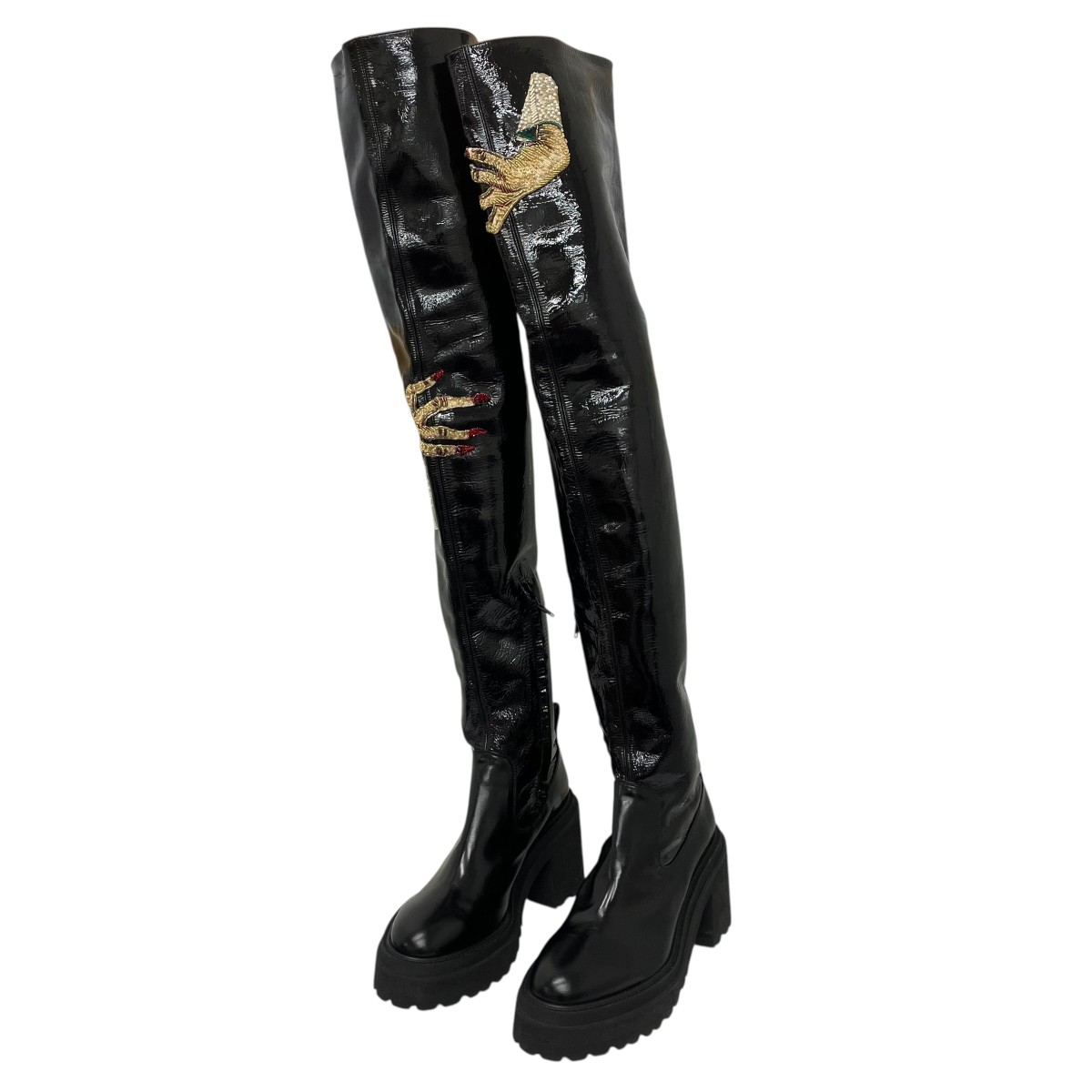 【中古】\u003cBR\u003eUNDERCOVER\u003cBR\u003eビーズかざり付けるロングブーツ 黒いこと 大きさ：S(約25糎)\u003cBR\u003e【通貨価値思いなおす】