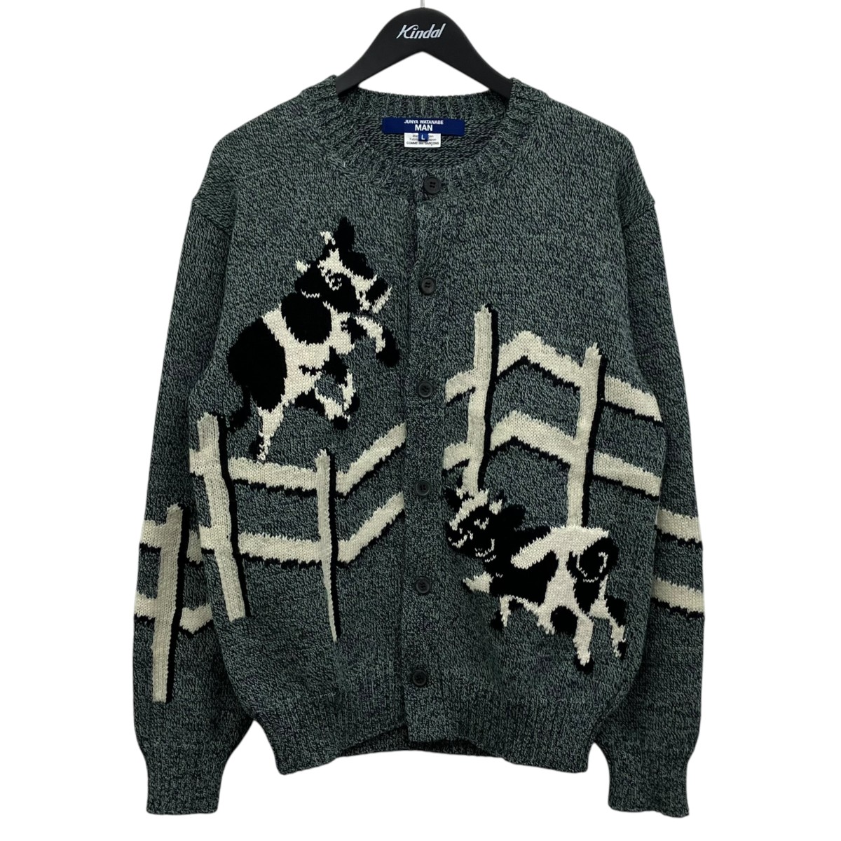 【中古】CDG JUNYA WATANABE MAN 羊毛エステル天竺インターシャジャガードカーディガン 緑であること×白いこと 大きさ：L 【050526】（ジュンヤワタナベコムデギャルソンマン）