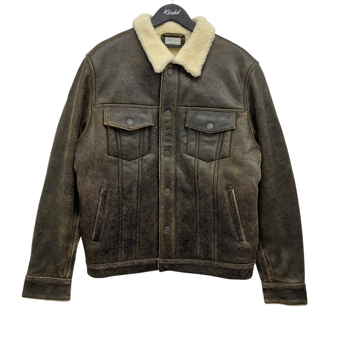 【中古】GUESS　sherpa leather trucker jacket レザーボアジャケット ブラウン サイズ：M 【080526】（ゲス）｜ブランド古着のカインドオル