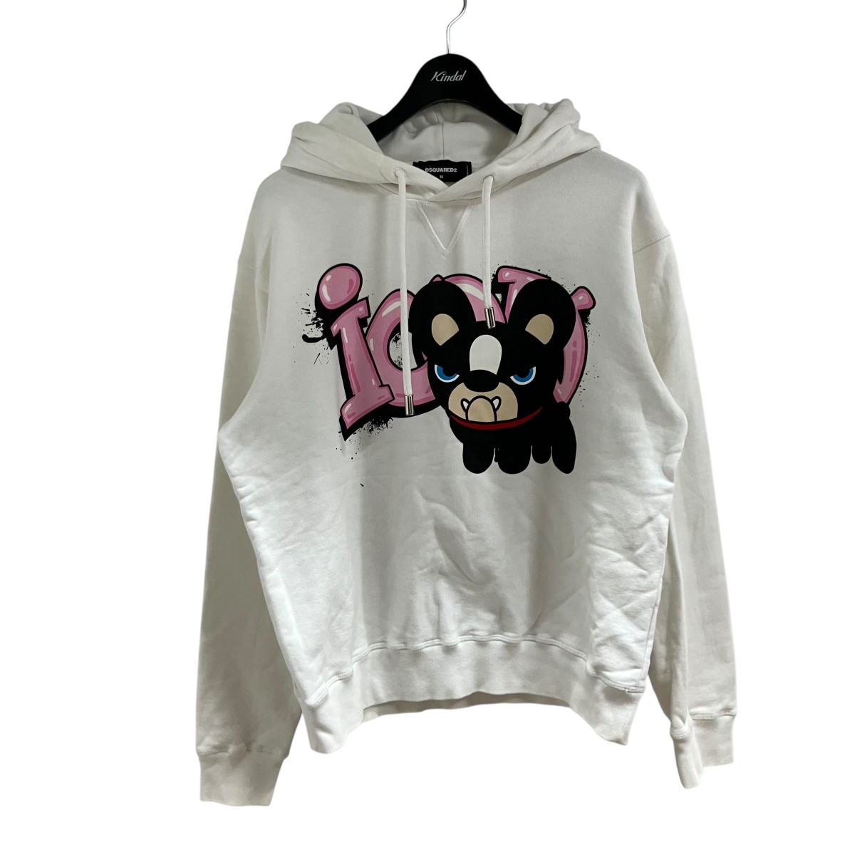 【中古】DSQUARED2ICONドッグプリントプルオーバーパーカー ホワイト&times;ピンク サイズ：M【価格見直し】｜ブランド古着のカインドオル