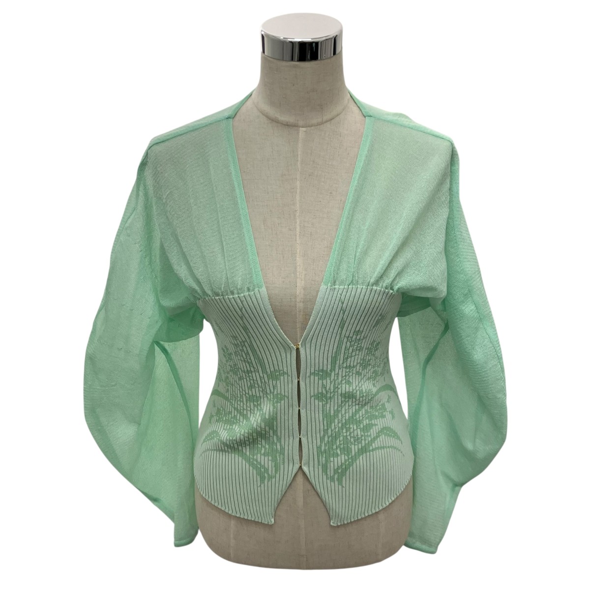 【中古】mame kurogouchi 25SS 【Sheer Rounded Sleeve Knitted Cardigan】 編み物ジレー MM25SS-KN066 ライトグリーン 大きさ：2 【090526】（マメクロゴウチ）