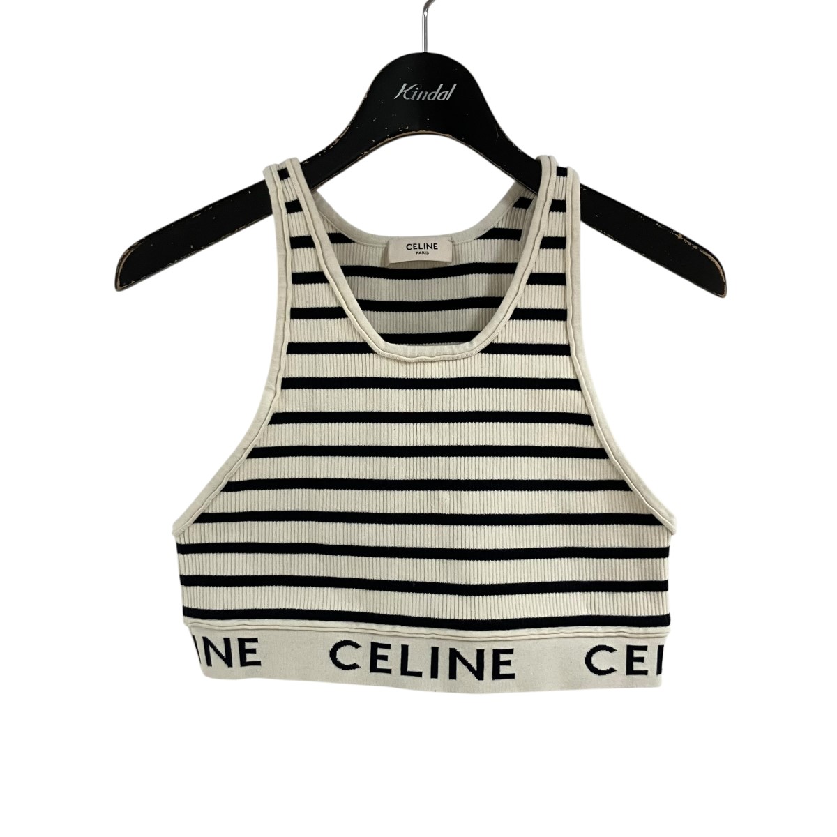 【中古】CELINE ボーダーリブロゴ クロップドタンクトップ 象牙色×米国海軍 大きさ：M 【120526】（セリーヌ）