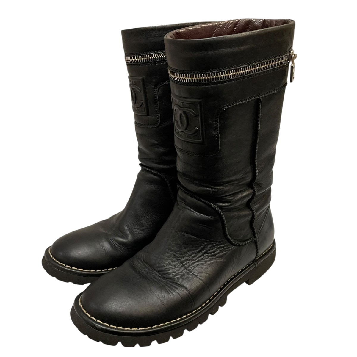 【中古】\u003cBR\u003eCHANEL\u003cBR\u003eBlack Leather Motorcycle Boots 黒いこと 大きさ：38\u003cBR\u003e【通貨価値思いなおす】