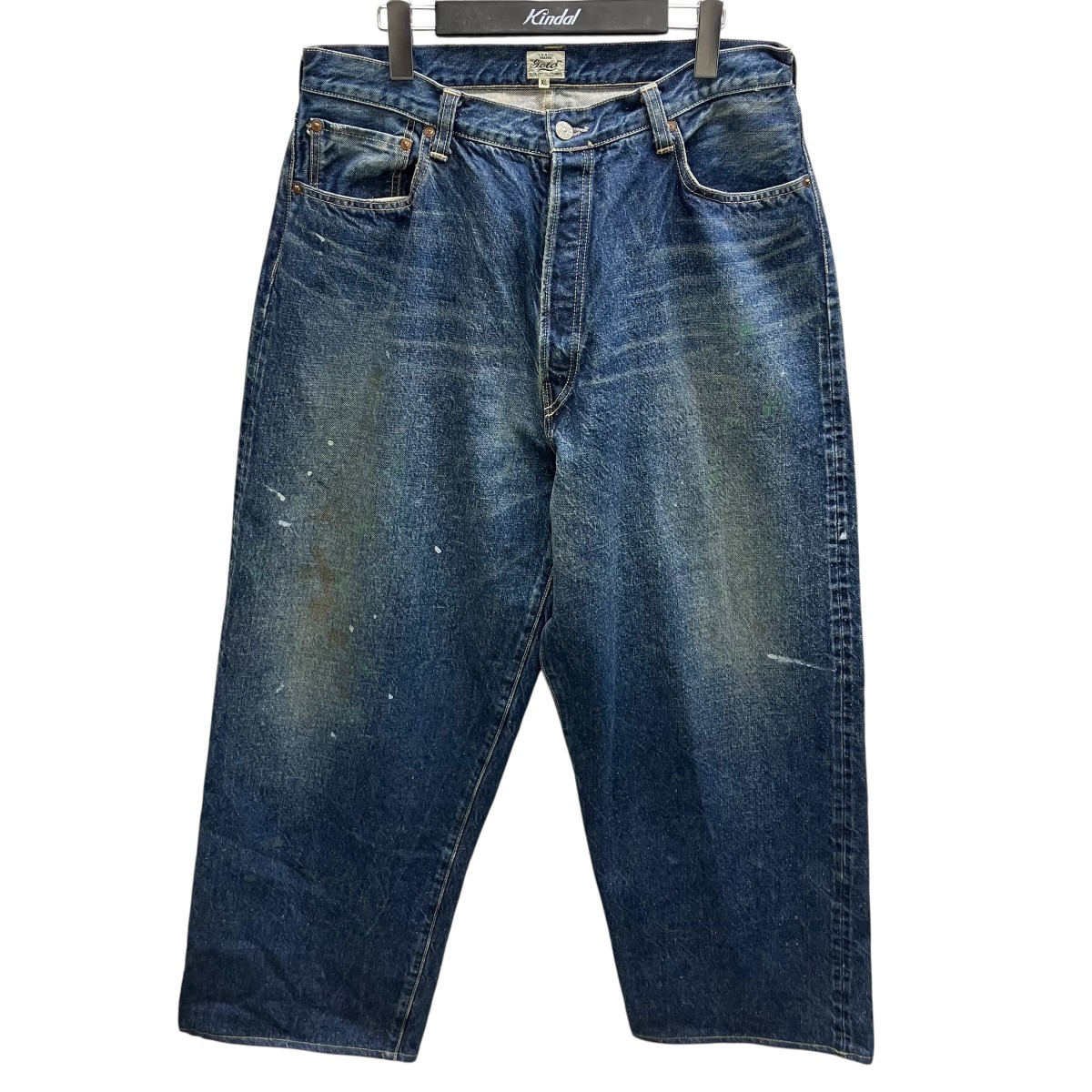 【中古】TRADE MARK GOLD RECYCLED WASTE SUVIN COTTON YARN 14薬局衡オンス DENIM 5POCKET WIDE PANTS VINTAGE WASHED 絵の具産業ワイドデニムパンツ インディゴ 大きさ：XL 【150526】（）