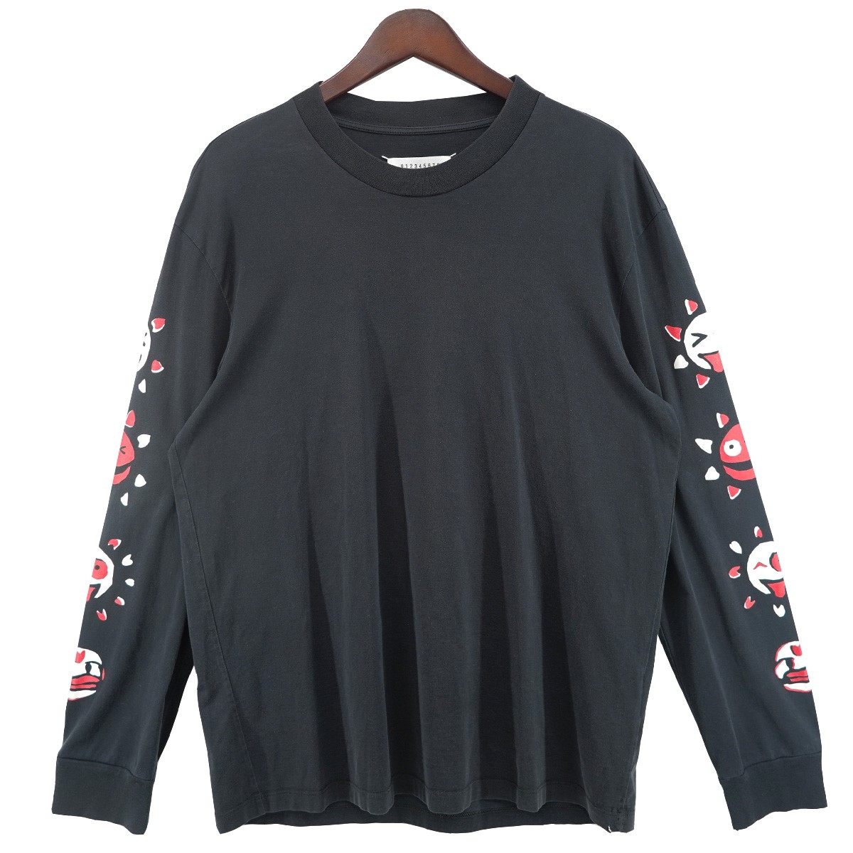 【中古】Maison Margiela 18SS Savage Print L／S Tee サベージ お日さま 袖刷り上げる グラフィック 四分子引き船 フォーステッチ ロング捩り 長袖 プルオーバー ロンT 黒いこと 大きさ：46 【160526】（メゾンマルジェラ）