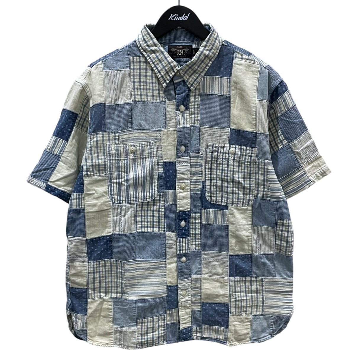 【中古】RRL 24SS パッチワーク半袖プルオーバー Farrell Patchwork Cotton Shirt ファレル・パッチワーク・コットン・シャツ 青色 大きさ：L 【180526】（ダブルアールエル）