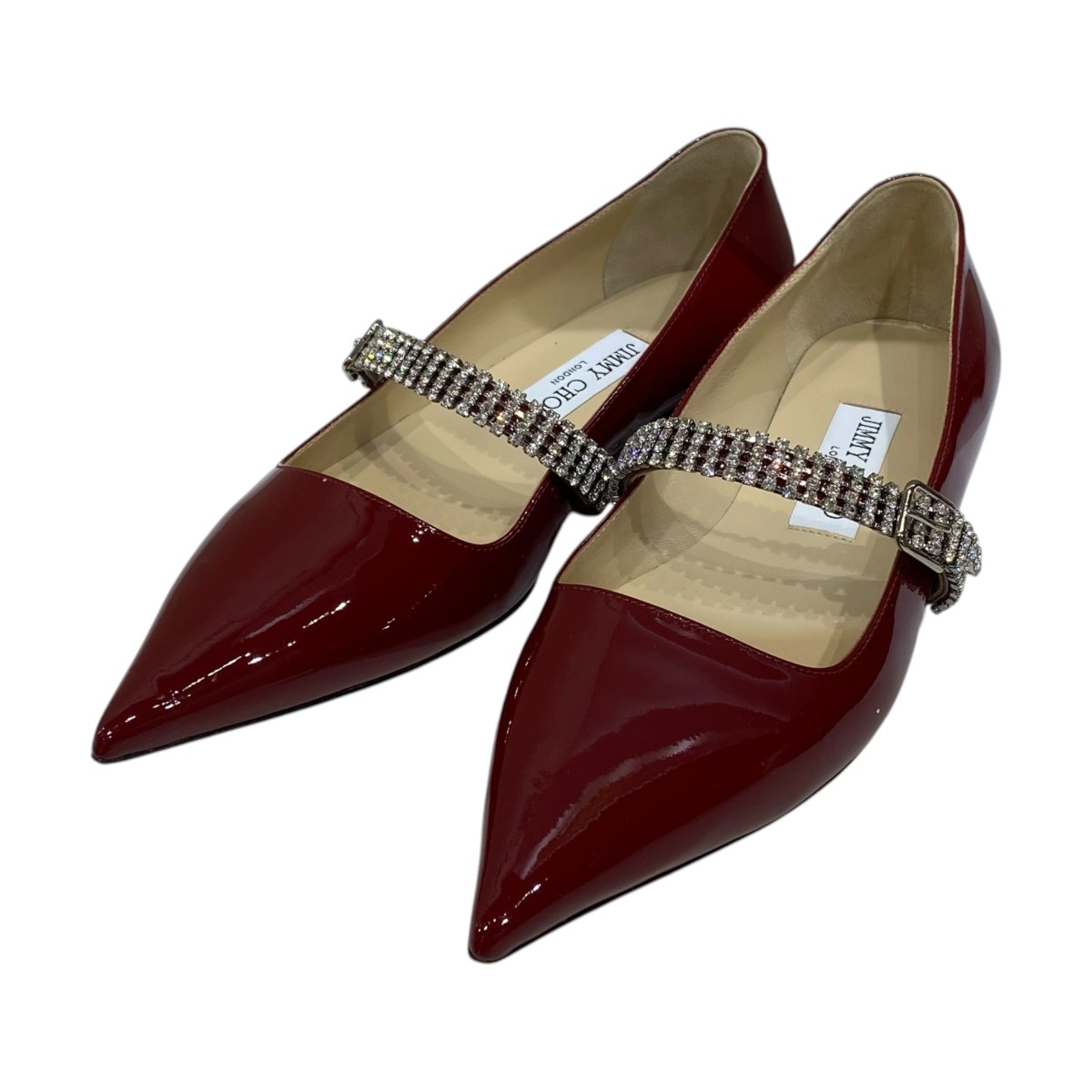 【中古】JIMMY CHOO パテントクリスタルフラットパンプス 赤いこと 大きさ：36 【180526】（ジミーチュウ）
