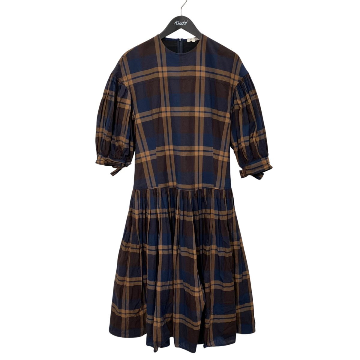 【中古】BLAMINK　チェック リボンスリーブワンピース 7926-299-0290 ブラウン&times;ネイビー サイズ：36 【200526】（ブラミンク）｜ブランド古着のカインドオル