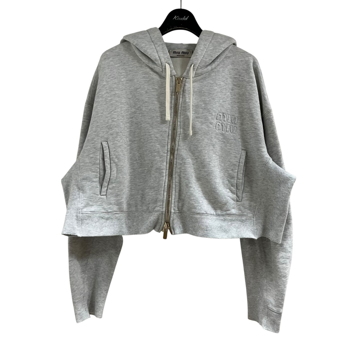 【中古】MIU MIU ロゴクロップドジップアップパーカー 薄墨色 大きさ：XS 【210526】（ミュウミュウ）