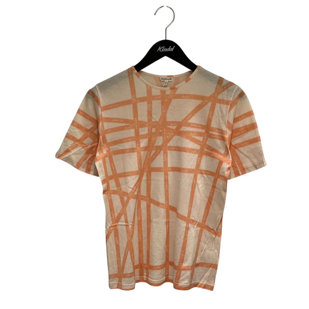 【中古】HERMES　ロゴ紐柄 半袖Tシャツ ホワイト&times;オレンジ サイズ：S 【230526】（エルメス）｜ブランド古着のカインドオル