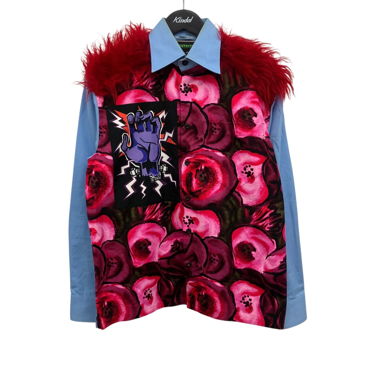 【中古】PRADA×UNIVERSAL STUDIOS フランケンデザインシャツ 天の原青碧×マルチ色つや 大きさ：XS 【250526】（プラダ）