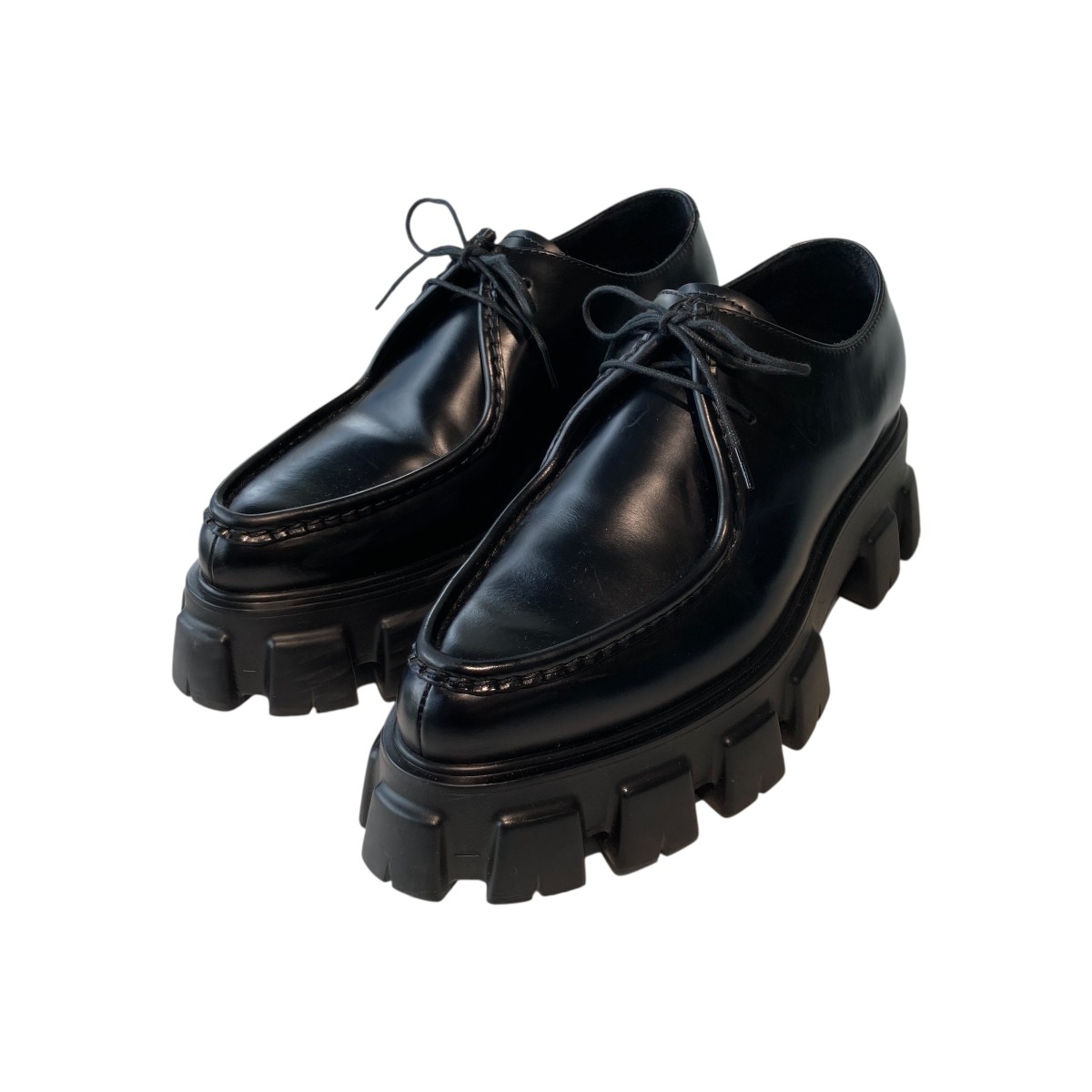 【中古】PRADA モノリスブラッシュド なめし革シューズ 2電気工学361 黒いこと 大いさ：7 1/2 【270526】（プラダ）
