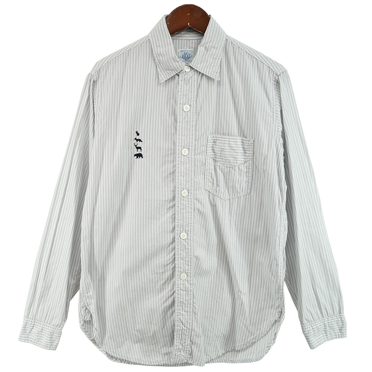 【中古】POST O’ALLS×MOUNTAIN RESEARCH No．1 Shirt Animal Embroidery 協調主義 縞模様 プルオーバー 薄墨色 大きさ：S 【260526】（ポストオーバーオールズ×牟礼問い合わせ）