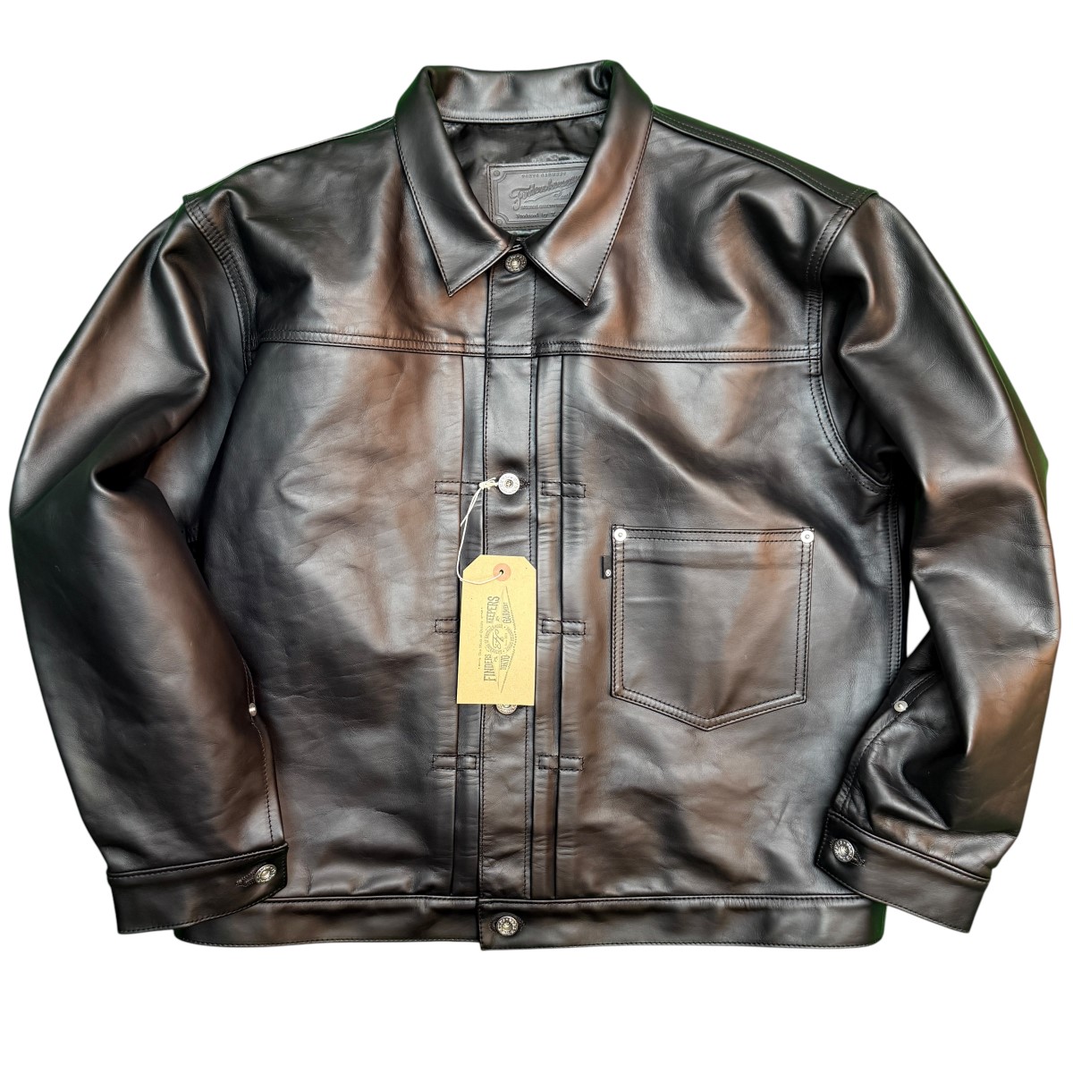 【中古】FINDERS KEEPERS×Yutaka Fujihara (BerBerJin)×R 26SS／ 別注TYPE ONE1942 T-BACK／Y．FUJIHARA BLK TEACORE ／手合い1 1942Tうしろ側 なめし革上衣 ／25221109 黒いこと（茶芯） 大きさ：L 【260526】（ファイダースキーパーズ×藤原裕×アール）