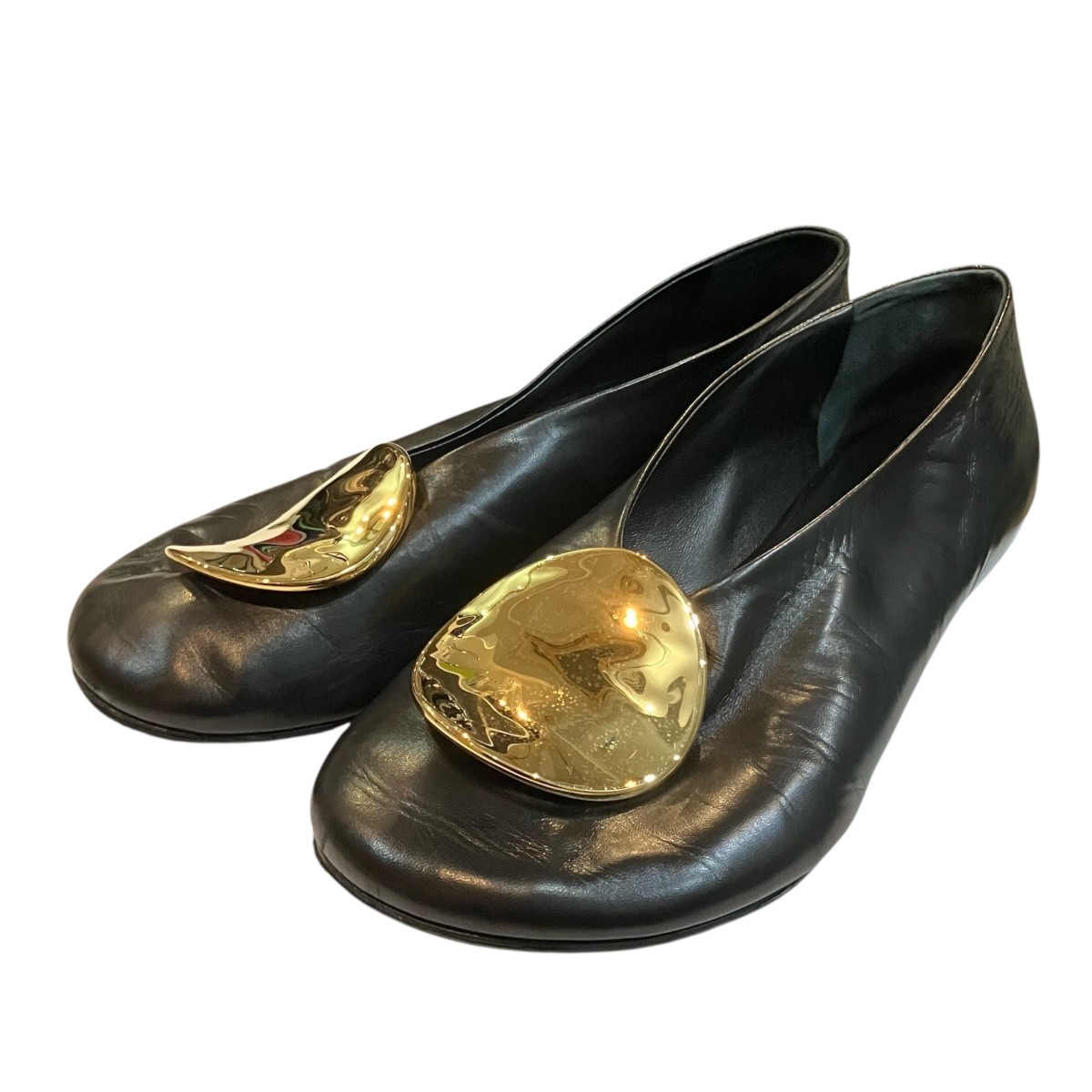 【中古】JIL SANDER メタルプレートレザーバレーシューズ 黒いこと×ゴールド 大きさ：38 【280526】（ジルサンダー）