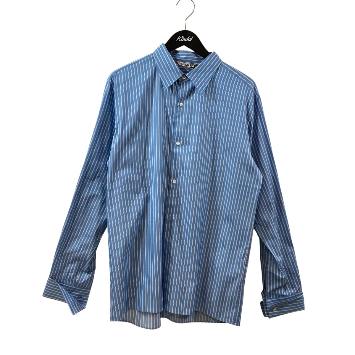 【中古】AURALEE 縞模様 長袖プルオーバー A25AS02CS COTTON SILK STRIPE DOUBLE 青み 大きさ：4 【300526】（オーラリー）