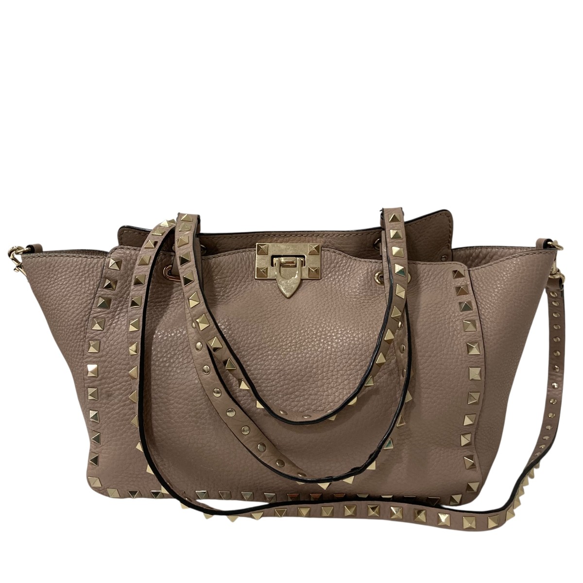 【中古】VALENTINO GARAVANIロックスタッズ ハンドバッグ ベージュ【価格見直し】|ブランド古着のカインドオル