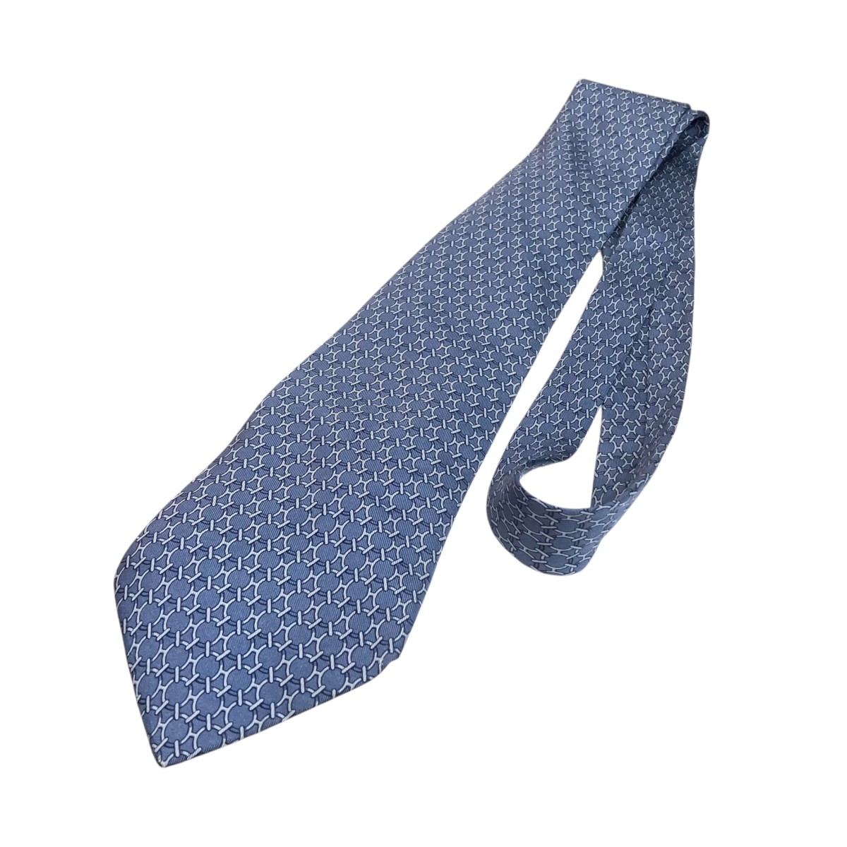 【中古】HERMES 総柄絹地タイ 点火装置青色 【010626】（エルメス）