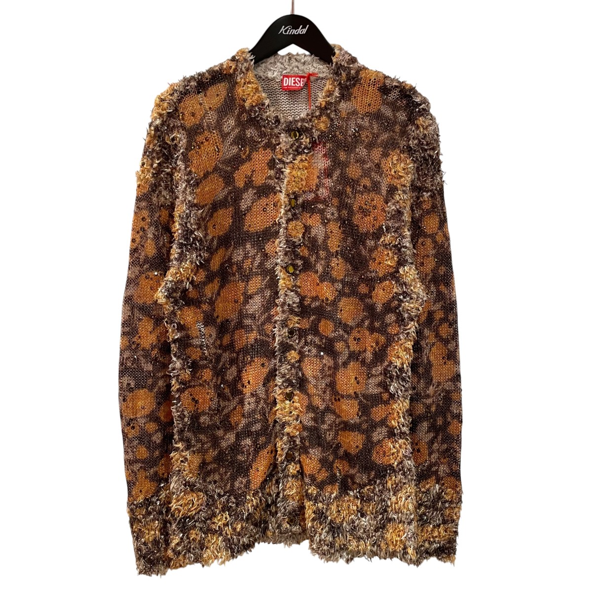 【中古】DIESEL 26SS Printed linen-blend cardigan with crystals ラインストーンカーディガン A23161 オレンジ色 大きさ：L 【020626】（ディーゼル）