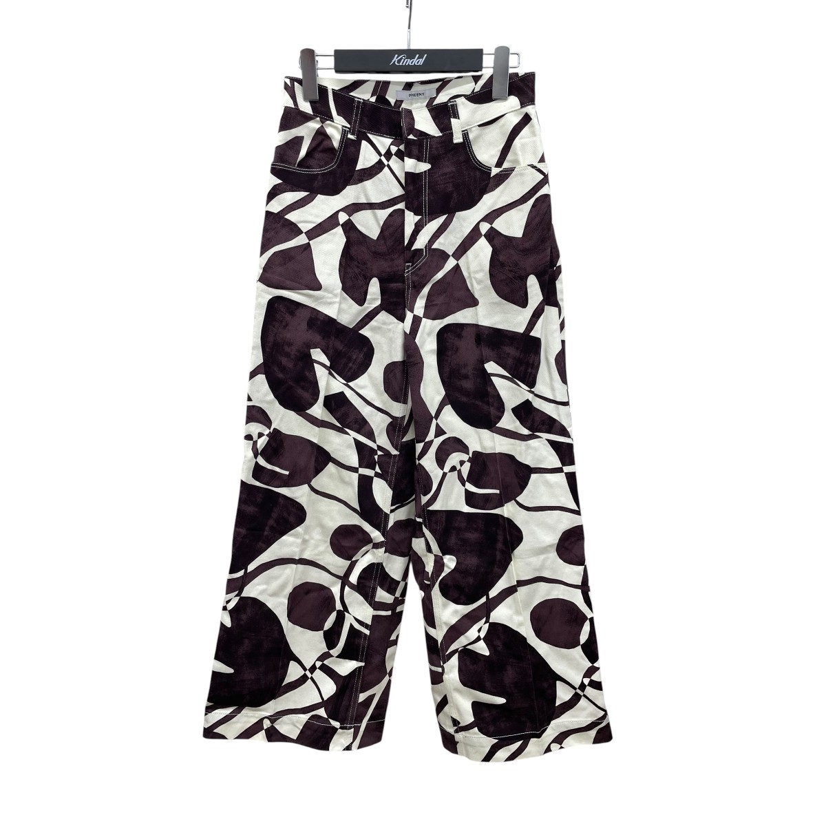 【中古】PHEENY DRILL LEAF PRINT HIGH WAIST PANTS  ズボン下 なおなお書き22-PT01 赤銅色×ベージュ 大きさ：2 【040626】（フィーニー）