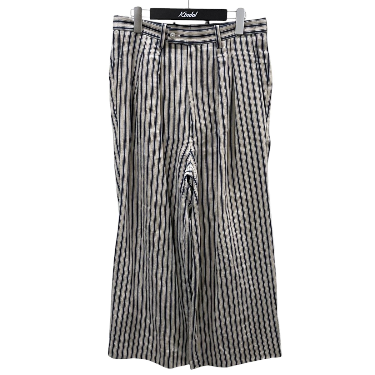 【中古】M’S BRAQUE 24SS 縞模様柄リネンタックパンツ TUCKED WIDE PANTS タックワイドパンツ 2412314M ネイビー・ベージュ 大きさ：38 【040626】（エムズ 黒いこと）