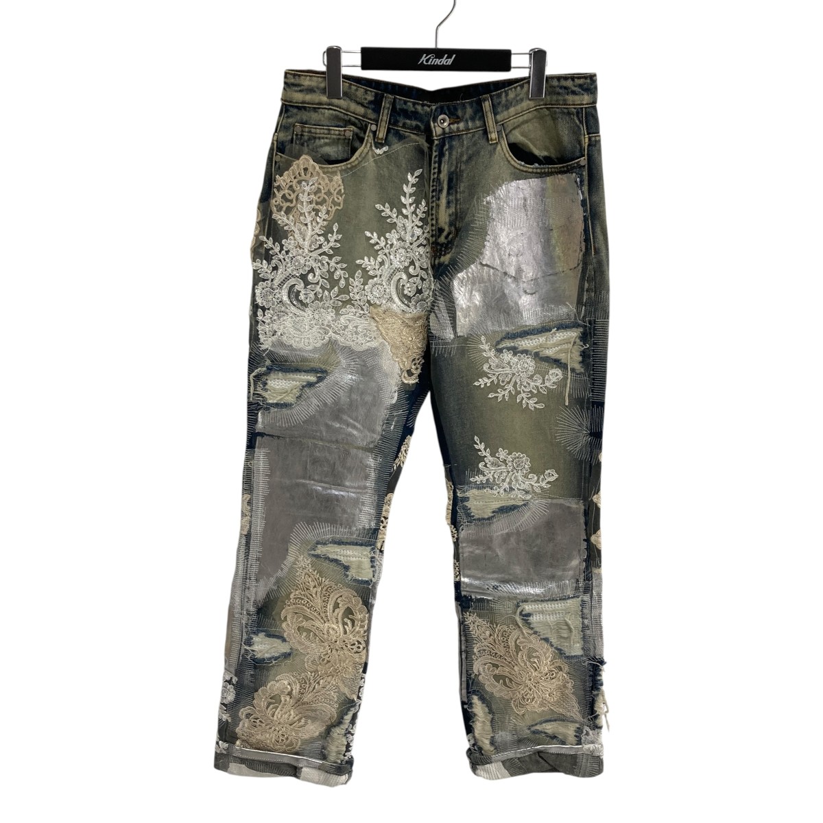 【中古】WHO DECIDES WAR　METALLIC LACE DENIM デニムパンツ AW23-DNM-001 シルバーインディゴ サイズ：32 【060626】（フー ディサイズ ウォー）｜ブランド古着のカインドオル