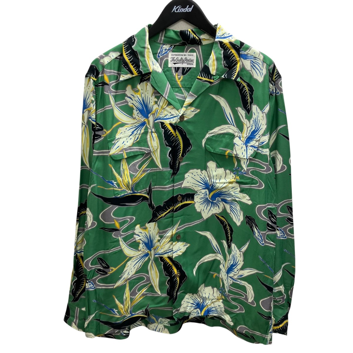 【中古】WACKO MARIA HAWAIIAN SHIRT L S ハイビスカス柄 長袖アロハシャツ 緑であること 大きさ：XL 【060626】（ワコマリア）