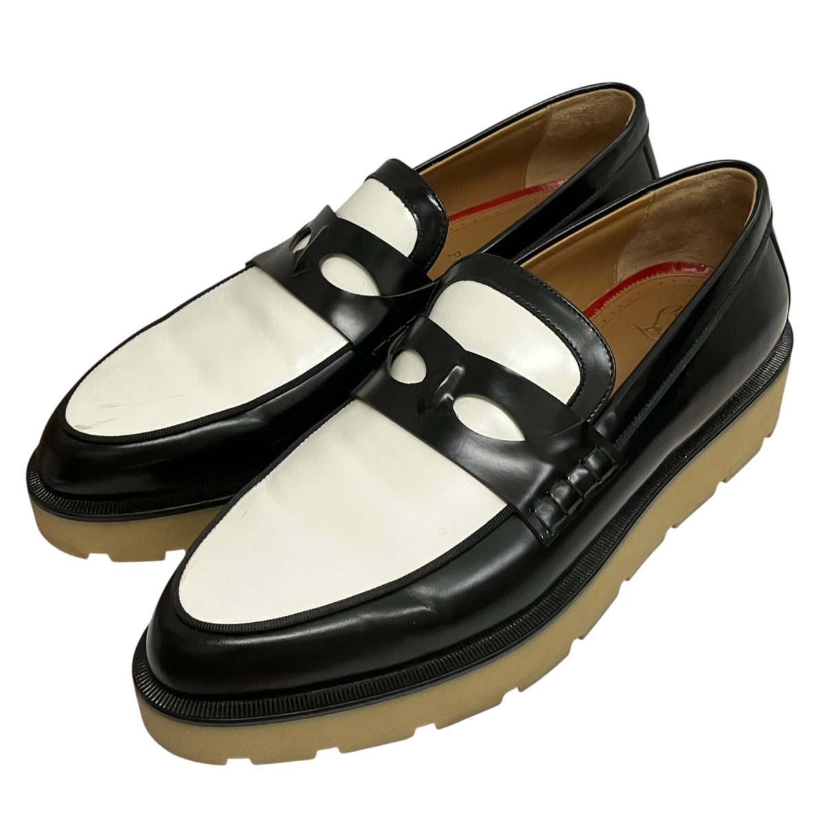 【中古】Christian Louboutin 厚底置き目毛革 白いこと×黒いこと 大きさ：421/2 【060626】（クリスチャンルブタン）